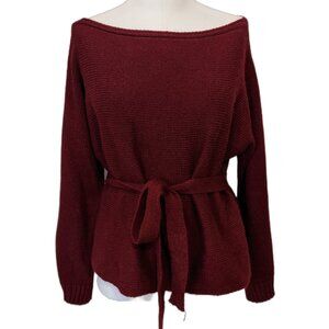 Womens Red Belted Cozy Knit Sweater Boat Neck Long Sleeve Glam Fall Winter M